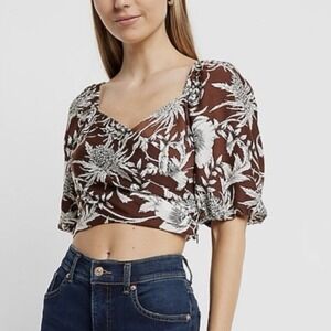 New Express Women's Satin Printed Faux Wrap Tie Back Cropped Top size 2